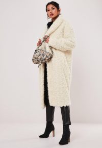 MISSGUIDED cream borg teddy curly shawl collar coat – textured luxe style winter coats