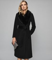 REISS DAWSON FAUX FUR SHAWL COLLAR COAT BLACK ~ classic belted winter coats