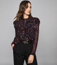 REISS FAIZA FLORAL PRINTED RUFFLE NECK BLOUSE BLACK ~ ruffled semi sheer blouses