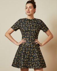 TED BAKER DIVWINE Floral jacquard skater dress in black / metallic fit and flare