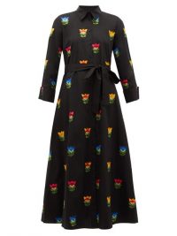 CAROLINA HERRERA Black floral-embroidered belted cotton-poplin shirtdress ~ designer shirt dresses