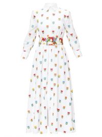 CAROLINA HERRERA Floral-embroidered belted poplin shirt dress in white