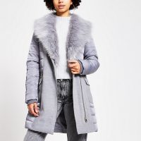 RIVER ISLAND Grey padded longline belted jacket – fur trimmed winer coat