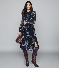 REISS HETTY FLORAL PRINTED MIDI DRESS NAVY