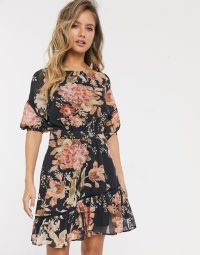 Hope & Ivy ruffle mini dress in navy rose / frill hem dresses