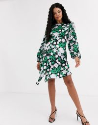 Liquorish balloon sleeve mini dress with drape detail in print