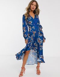 Liquorish ruffle wrap maxi in blue floral / feminine tie waist dresses