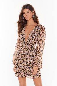 NASTY GAL Nothin’ Bud Love Floral Mini Dress in Black – deep v-neckline dresses