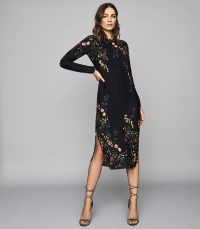 REISS PETRA FLORAL PRINTED MIDI DRESS BLACK PRINT ~ side split dresses