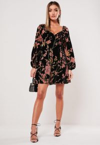 MISSGUIDED pink devore floral print milkmaid skater dress / velvet burnout dresses