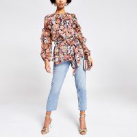 RIVER ISLAND Pink printed embellished frill blouse