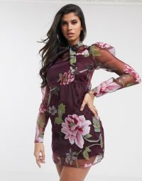 PrettyLittleThing organza mini dress with puff sleeves in dark purple floral / sheer sleeved dresses