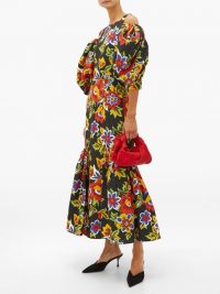 CAROLINA HERRERA Puff-sleeve floral-print faille dress in black ~ cold shoulder dresses