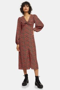 Topshop Red Rose Print Godet Twist Front Midi Dress – vintage look floral dresses