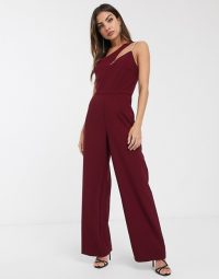 River Island asymmetric jumpsuit in dark red – glamorous going out fashion