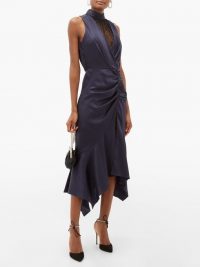 JONATHAN SIMKHAI Ruched Chantilly-lace and silk-charmeuse dress in navy ~ party glamour ~ side ruched evening dresses