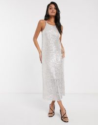 Stradivarius sequin midi dress in ecru – sparkly cami dresses