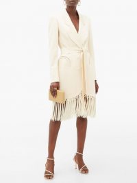 BLAZÉ MILANO Sunshine tie-waist tasseled crepe evening jacket in ivory ~ fringed tuxedo dress