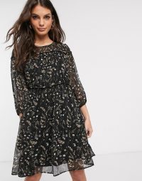 Vila prairie floral mini dress with piping detail in black multi / sheer overlay dresses