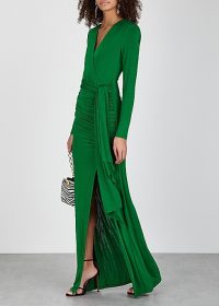 ALICE + OLIVIA Kyra green ruched jersey gown – chic evening gowns