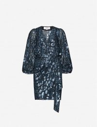 BA&SH Ginger metallic leopard-print silk-blend dress in dark blue ~ evening glamour