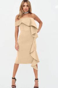 LAVISH ALICE bardot exaggerated frill scuba midi dress in beige – occasion glamour