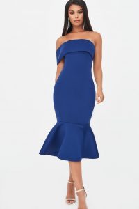 LAVISH ALICE bardot scuba peplum hem midi dress in navy – blue strapless bodycon