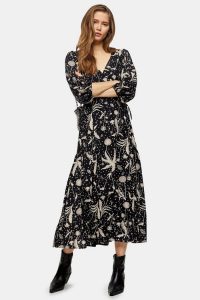 TOPSHOP Black And White Dandelion Tie Midi Wrap Dress / monochrome florals