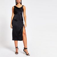 RIVER ISLAND Black cowl neck satin midi slip dress – lbd – evening glamour