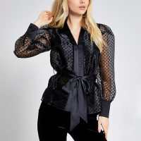 RIVER ISLAND Black polka dot tie belted organza shirt – semi sheer shirts