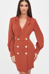 LAVISH ALICE button detail tux mini dress in tobacco – tuxedo style going out dresses