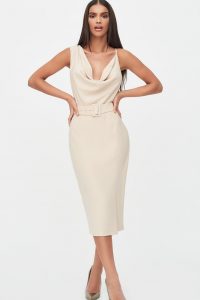 LAVISH ALICE cowl neck belted midi dress in clay – luxe style eveningwear – glamorous evening look