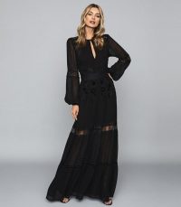 REISS FRANCESCA OPEN BACK LACE MAXI DRESS BLACK ~ long sheer panel event dresses