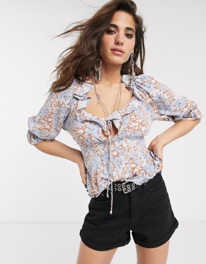 Free People sweet memories floral ruffle blouse in brown combo / boho fashion