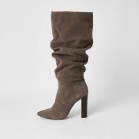 RIVER ISLAND Grey suede slouch knee high boots – ruched winter boot