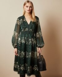 Ted Baker DELYLA Meadow Sweep long sleeved midi dress in Dark Green