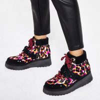 RIVER ISLAND Pink leather leopard flatform hiker boots