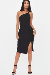 LAVISH ALICE strappy split side midi dress in black – lbd