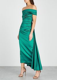 TALBOT RUNHOF Bozica teal off-the-shoulder satin dress ~ ruched event gowns