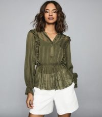 REISS ALANDRA SEMI-SHEER RUFFLED TOP KHAKI ~ green tie waist blouse