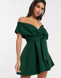 ASOS DESIGN fallen shoulder skater mini dress with tie detail forest green – bardot fit and flare