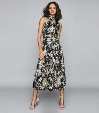 REISS BRIELLA FLORAL PRINTED MIDI DRESS BLACK ~ feminine sleeveless high-neck dresses