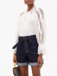 CHLOÉ White chantilly lace top ~ sheer sleeve blouse