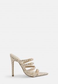 MISSGUIDED cream snake print multi strap buckle mules – going out heels