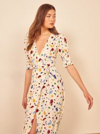 Reformation Esmerelda Dress in Painted Lady | deep V-neckline wrap dresses