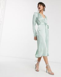 Ghost meryl satin button front midi dress in mint green – vintage look celebration dresses