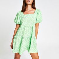 RIVER ISLAND Green floral short sleeve mini smock dress