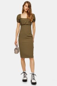 TOPSHOP Khaki Puff Sleeve Midi Dress – dark green dresses