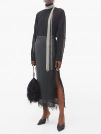 CHRISTOPHER KANE Lace-trim chainmail midi skirt in black ~ side slit event skirts