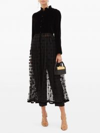 LORETTA CAPONI Lara velvet and polka-dot tulle midi dress in black ~ sheer dresses